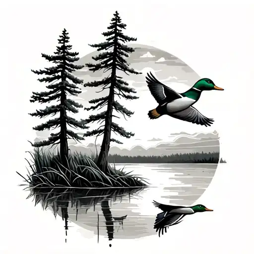 Two Ducks Flying Over A Marsh Scenery Opening Up To A Sunrise With A Big Pine Tree