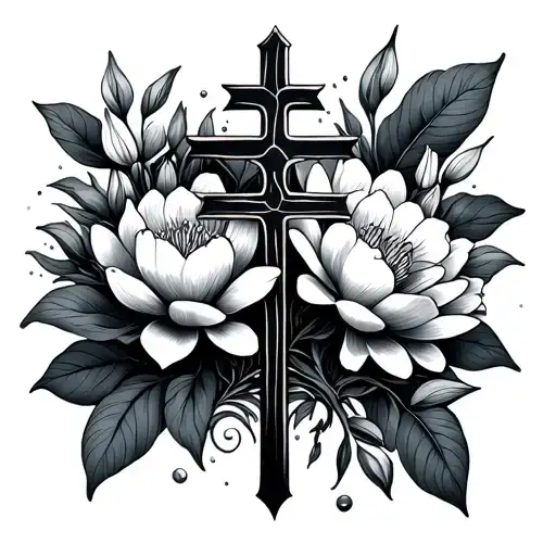 Fine Line Cross Surrounded By Peonies And Water Lilys