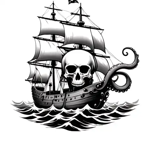Skull Octopus Sinking Pirate Ship Sailing Through Stormy