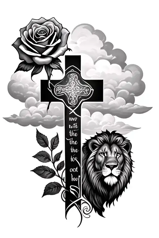 Forearm Tat With Rose Clouds A Cross With A Bible Verse On It And A Lion