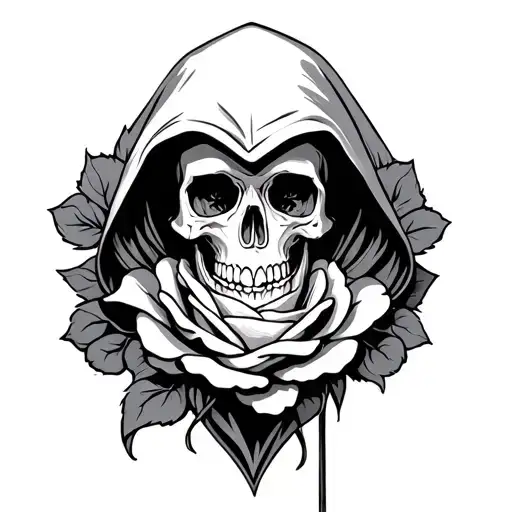 Hooded Skull Behind Rose Shaped As A Hart