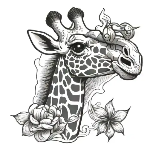 Giraffe Wearing Snorkel And Popping Out Of A Flamingo Inflateable