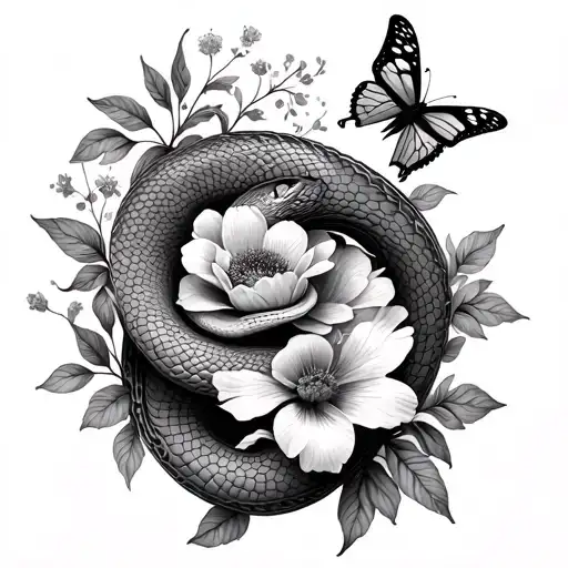 Flowers Snake And Butterflies
