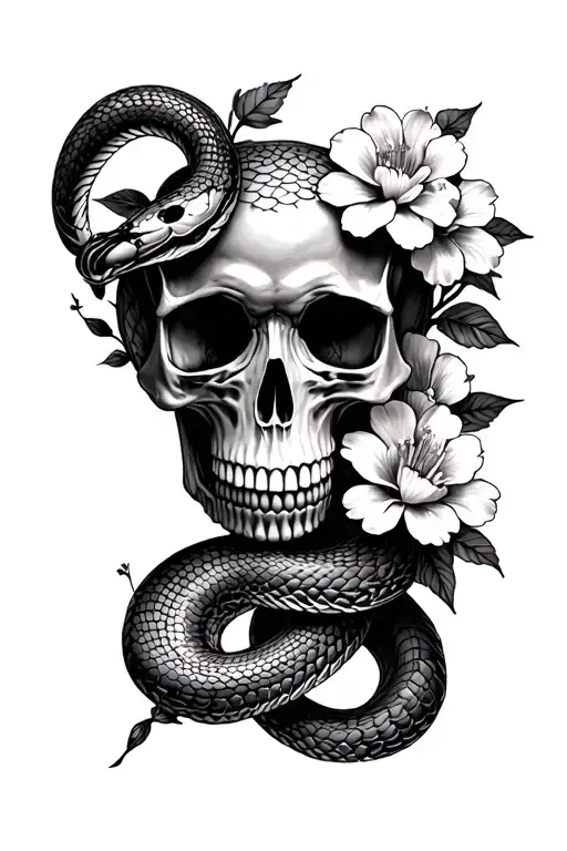 Skull With Snake And Flowers Blooming