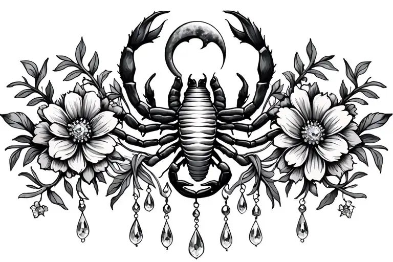 Vines With Flowers With Dangling Jewels With Scorpion In The Center With A Moon Above It