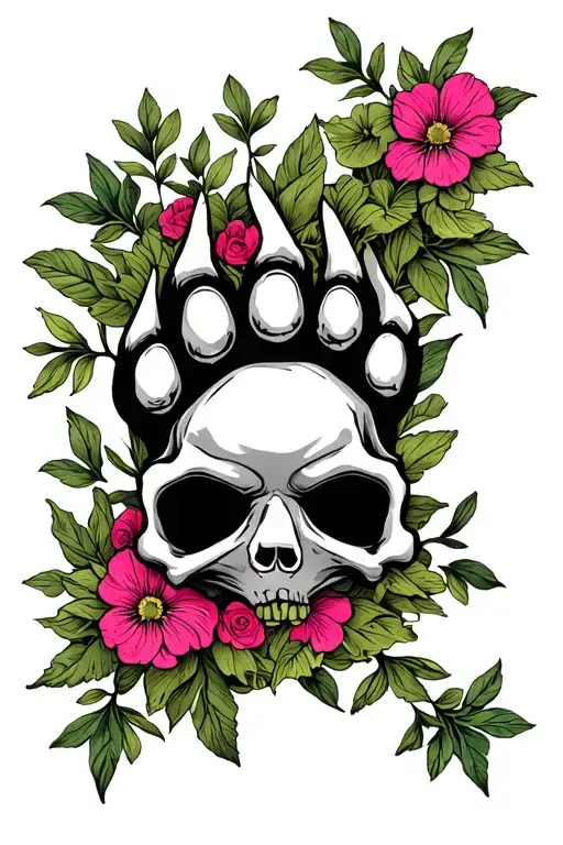 Dog Paw With Skull And Cross Bones Wrapped In Green And Pink Flowers