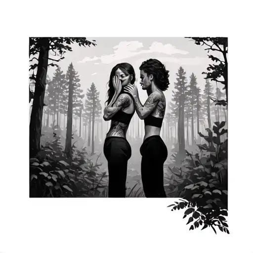 Man And Woman Standing Full Body In A Forest Back To Back With Hands On Face