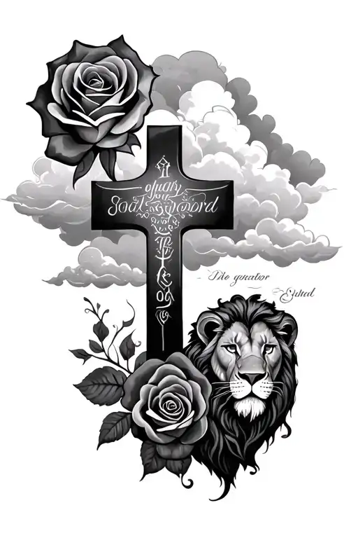 Forearm Tat With Rose Clouds A Cross With A Bible Verse On It And A Lion
