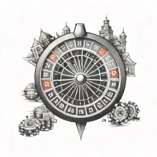 A Black-grey Tattoo Of A Roulette Wheel With Real Estate Symbols Instead Of Numbers