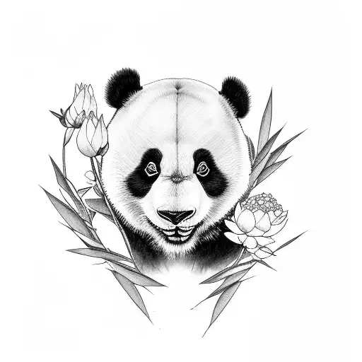 Panda With Peonies And Bambus