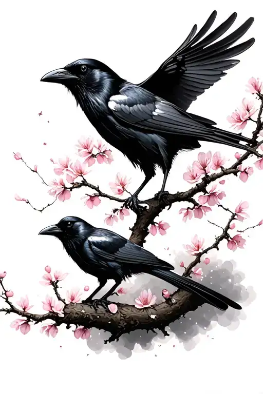 Raven And Crow On Cherry Blossom Tree