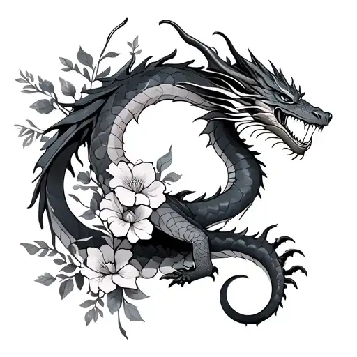 Full Dragon Body And Flowers Intertwined