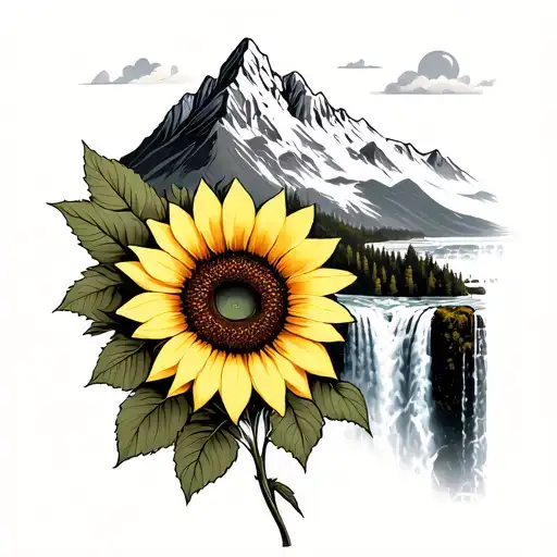 Mountain Waterfall And Sunflower