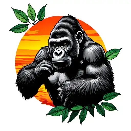 Gorilla In Leaves Sunset