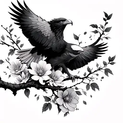 Branch With Birds Flying On Flowers And One Eagle On Half Sleeve