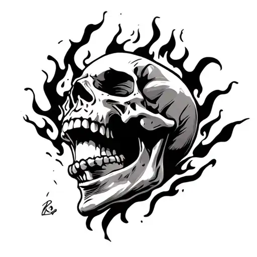 Black And White Skull Laughing In Flames