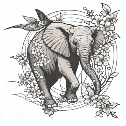 An Elephant Of Lines And Cherry Blossoms And A Hummingbird