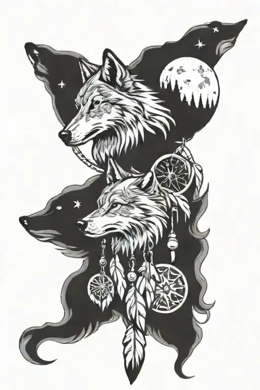 Dream Catcher And Moon And Wolf