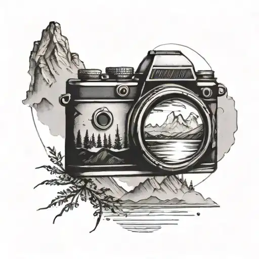 A Black And Grey Tattoo Of A Camera Lens With A Mountain Landscape Reflected In It