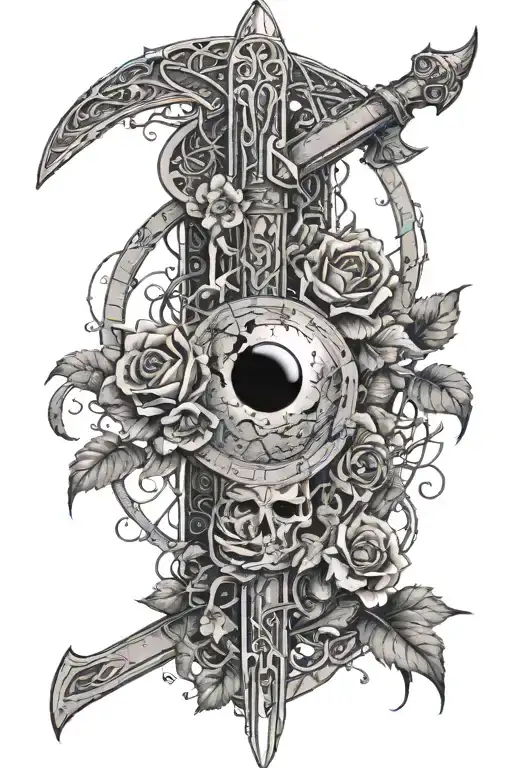 A Shattered Sword With The Moon Phases Etched Into It Wrapped In Vines With Flowers