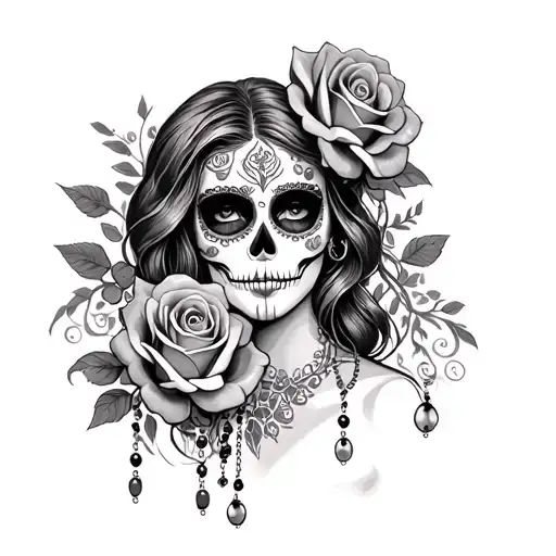 Day Of The Dead Woman With Roses And Rosary Beads