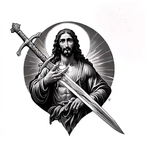 Back Tattoo With Sword And Jesus Christ