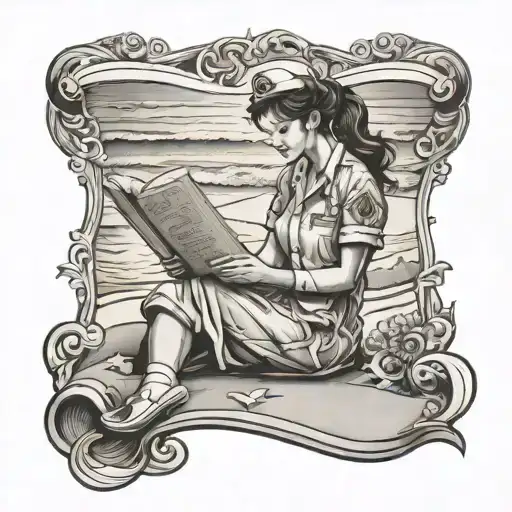 Intricate Design Of A Nurse Reading A Book On A Sandy Beach