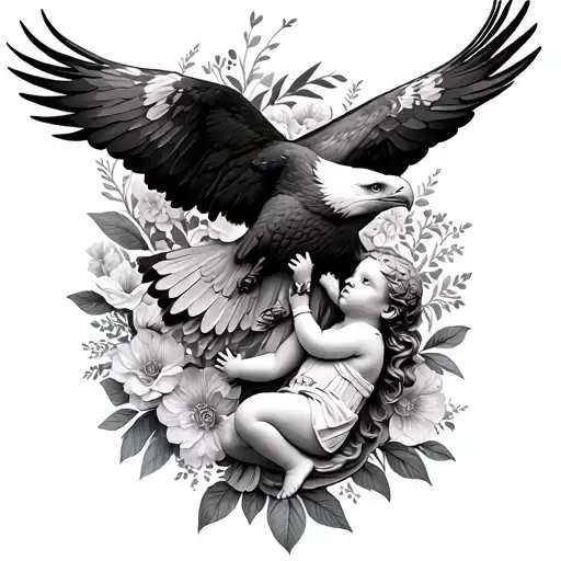 Mother And Child Statue With Bald Eagle Flying On A Floral Backrgound