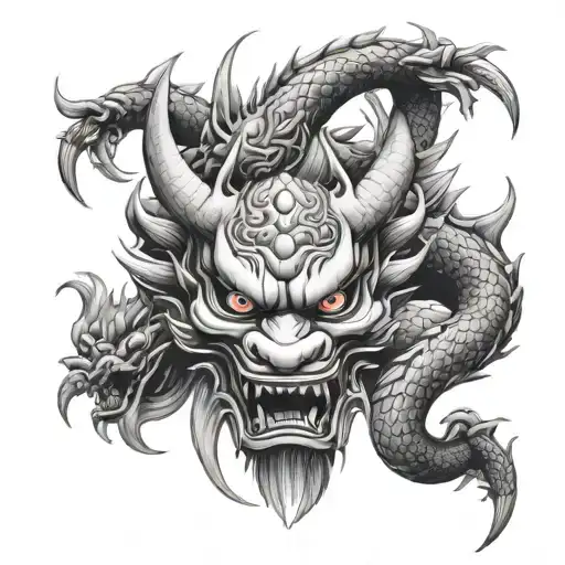 Double Linked Dragon And Hannya Mask Tattoo Design