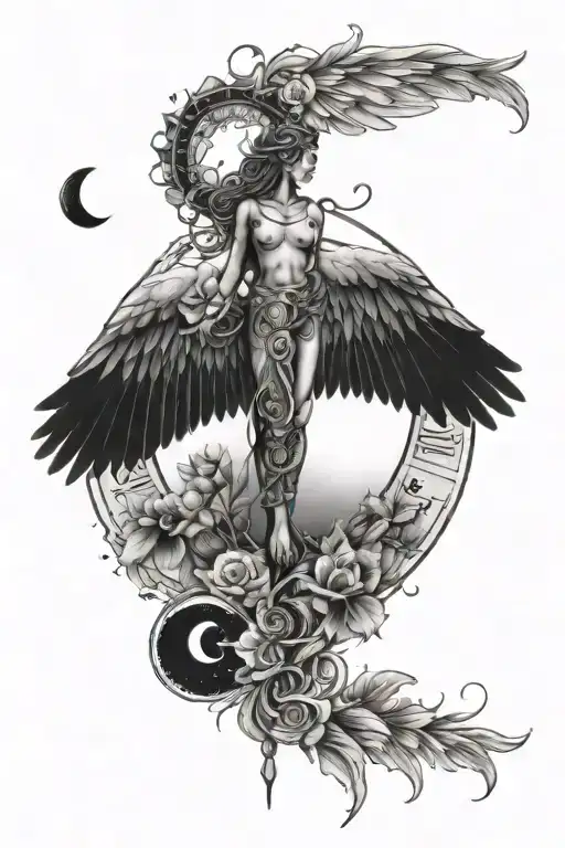 Fine Line Nurse Caduceus Symbol Detailed Wings Moon Phases And Florals