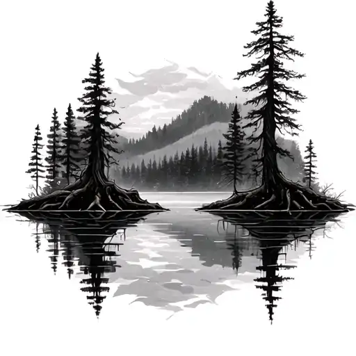 Forest With Roots And A Lake Reflecting