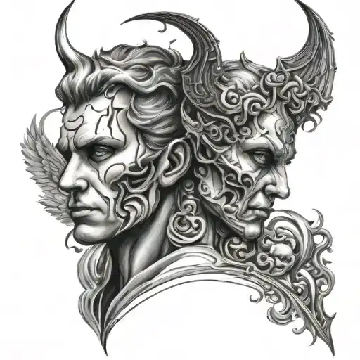 Two Faces In Half In Half Style Angel And Devil Looking At Each Other Black And White Drawing