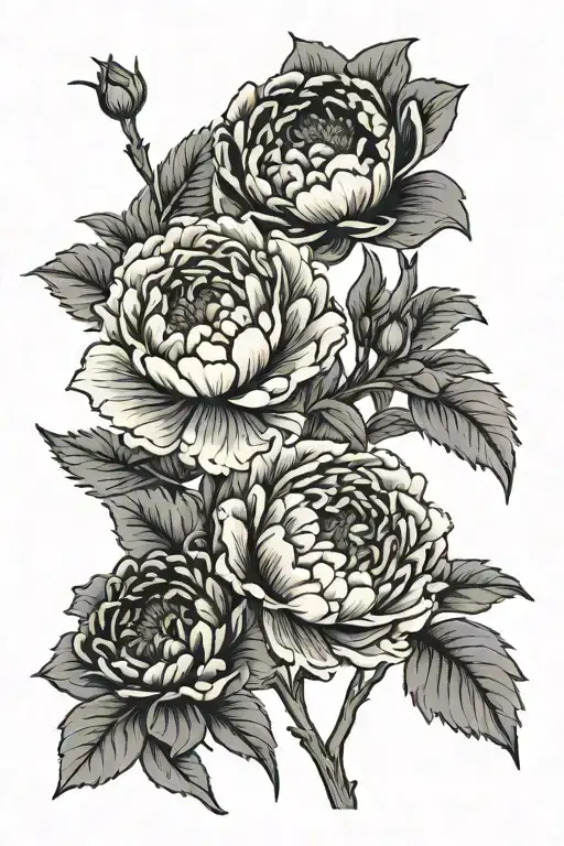 Three Peony Flowers With Black Leaves Woodcut Block Print