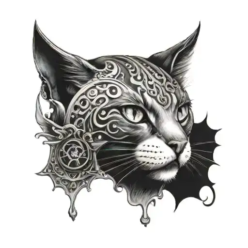 A Dark And Mysterious Tattoo Featuring A Cat With Piercings And Gothic Elements