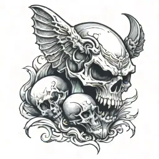 A Black And Grey Demon Embracing A Skull With A Heart In Its Mouth