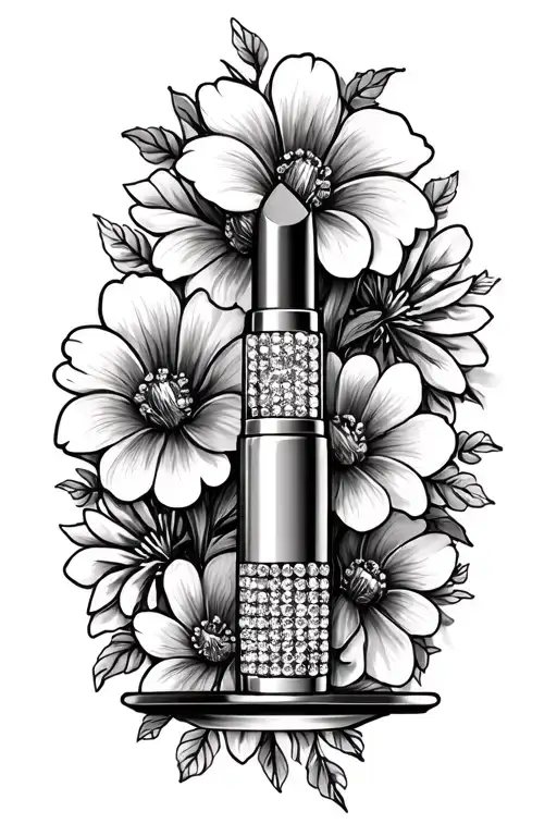 Rhinestone Tube Of Lipstick As A Balancing Scale With Cosmo Flowers Around It