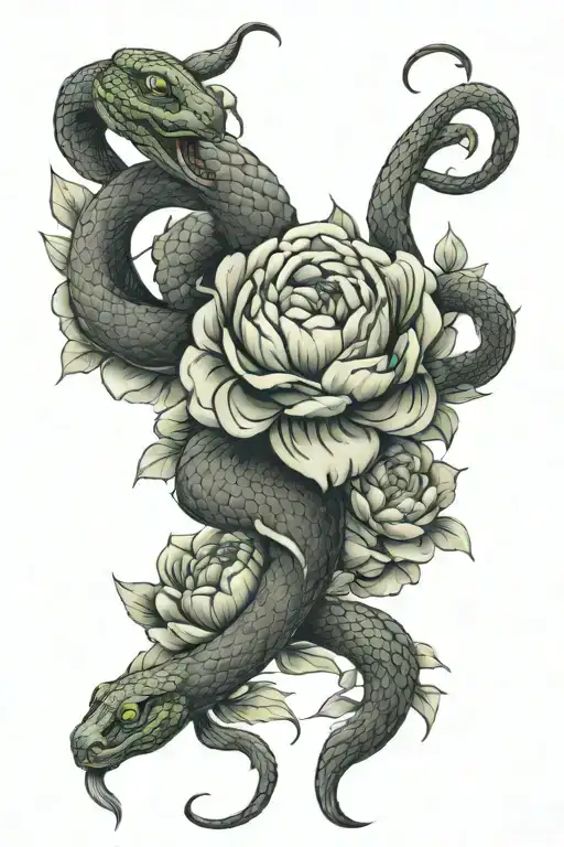 Snake With Green Eyes Wrapped Around Peonies Blooming