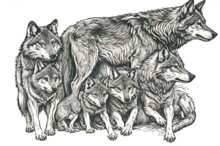 A Mother And Father Wolf With Their Three Wolf Pups In A Forrest