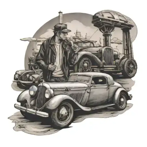 Create A Tattoo Of A Mechanic Working On A Vintage Car Surrounded By Travel Landmarks