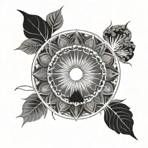 A Mandala With Intricate Sun Rays And Mountain Silhouettes