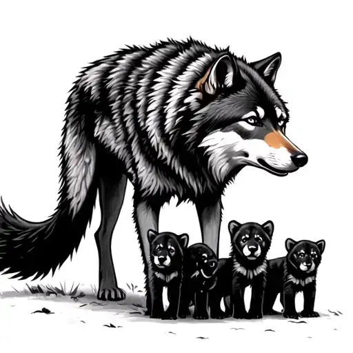 Alpha Wolf Standing Over Cubs