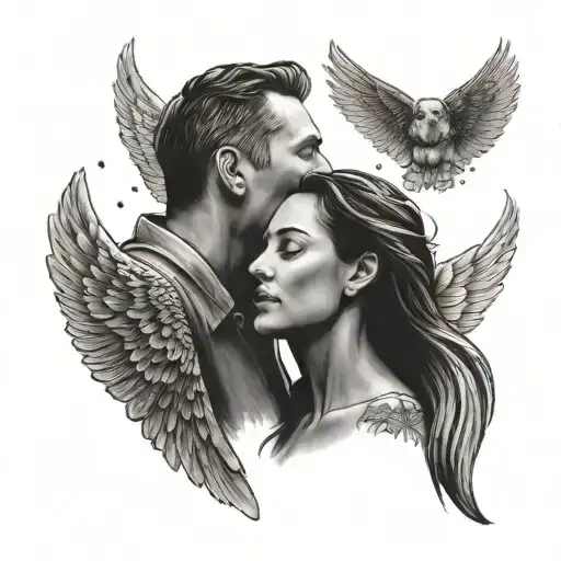 A Portrait Of A Mother And Father Looking Up At The Stars With Wings On Their Backs