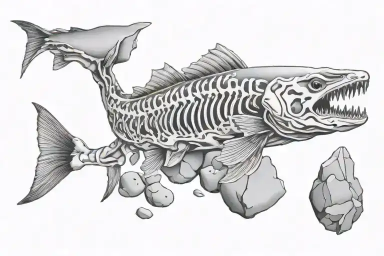 Full Trout Skeleton Swimming Around Rocks