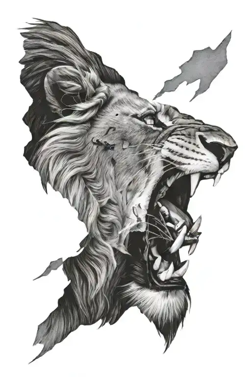 Realistic Lion Face Scar Running Through Diagonally Half Serious Half Roaring Arm