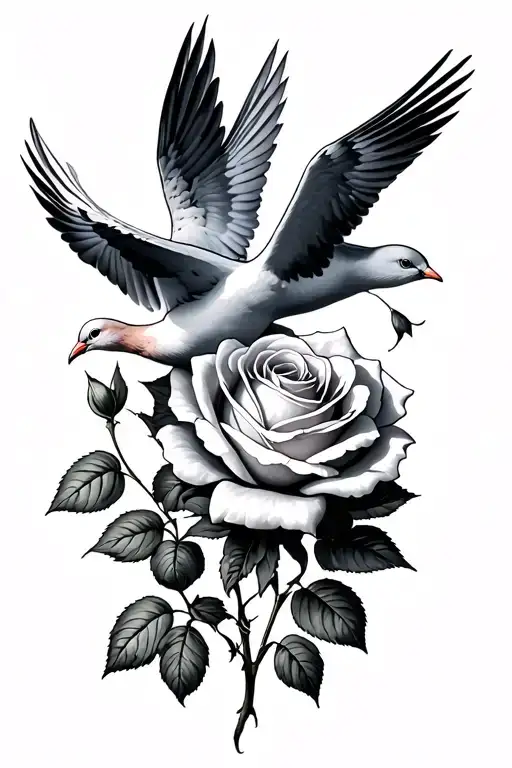 Doves Hovering Over A Rose Growing