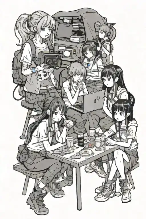 A Group Of Diverse Anime Girls Engaging In Various Leisure Activities Like Camping And Gaming