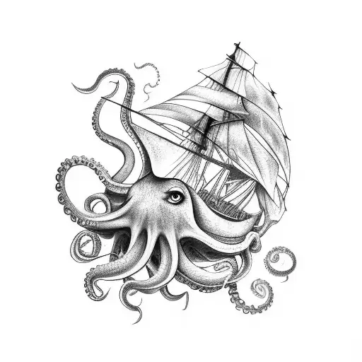 Ship With Octopus And Storm