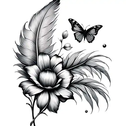 A Slightly Bent Feather With A Flower And A Butterfly Flying