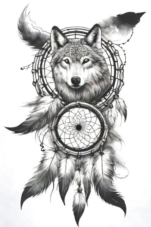Dream Catcher And Moon And Wolf