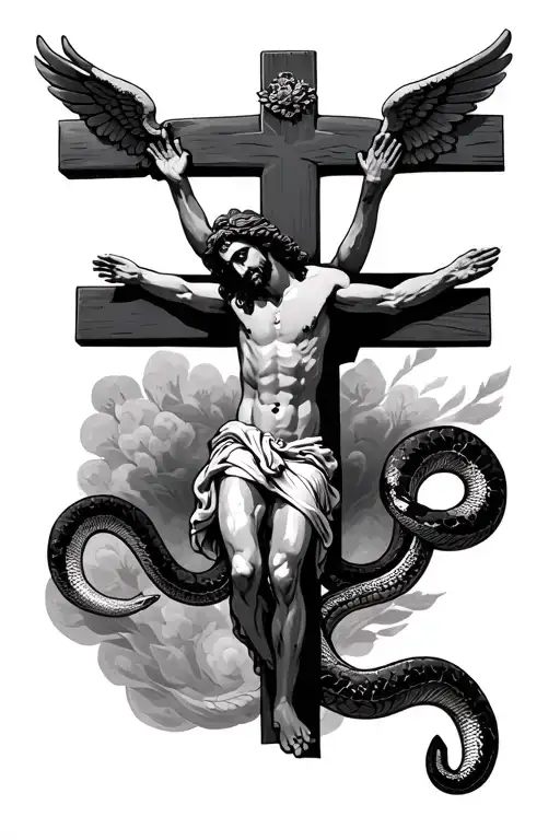 Jesus On The Cross With A Snake And Angel Above Him